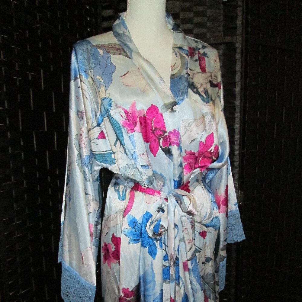 Linea Donatella Ayanna Satin Lace-Trim Robe Blue Floral NWT Sz L/XL - Picture 4 of 7